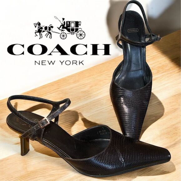 Coach Women's Cleo Black Lizard Print Kitten Heel Slingback Pointed Toe Shoe - Picture 1 of 10